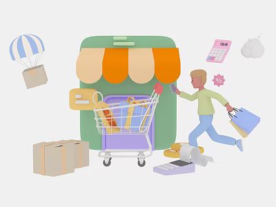 Man Shopping at Mobile Phone Store with Cart Bags Packages and Calculator 3d model