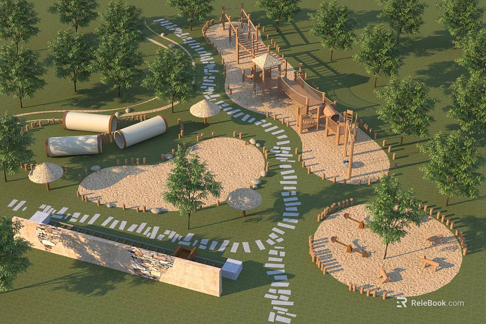 Outdoor Wooden Playground Equipment with Sand Areas Paths Trees and Shade Umbrellas 3d model 