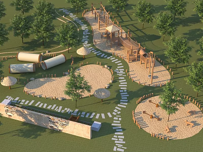 Outdoor Wooden Playground Equipment with Sand Areas Paths Trees and Shade Umbrellas 3d model
