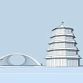 Modern Arch Bridge With Cable Stayed Structure Over Water And Traditional Pagoda View 3d model