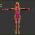 Woman with pink hair posing in orange patterned outfit and pink shoes arms outstretched