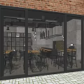 Industrial Coffee Shop Interior With Red Brick Wall Metal Shelves Wooden Tables And Black Chairs
