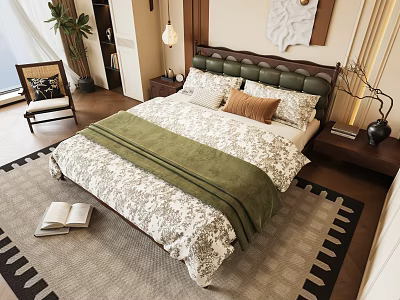 Cozy Double Bed With Upholstered Headboard Patterned Bedspread Green Blanket And Open Book On Rug 3d model