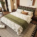 Cozy Double Bed With Upholstered Headboard Patterned Bedspread Green Blanket And Open Book On Rug