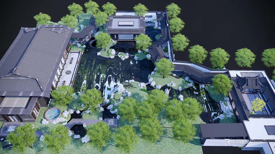 Rockery Stones In Chinese Classical Courtyard With Pond And Green Trees 3d model 