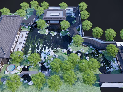 Rockery Stones In Chinese Classical Courtyard With Pond And Green Trees 3d model