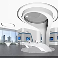 Modern Interior Space With Curved White Structure Blue Accents And City View Windows