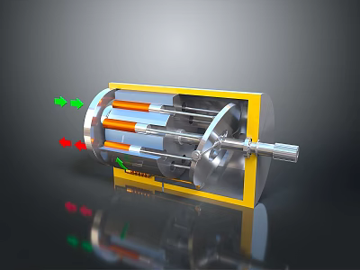 Mechanical Industrial Device With Yellow Casing And Visible Internal Components Featuring Colored Arrows 3d model