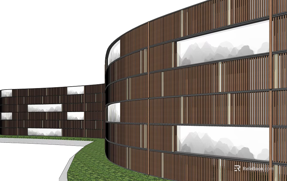 Modern Curved Wooden Slat Feature Wall With Windows And Mountain View Near Lawn 3d model 
