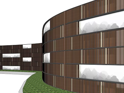 Modern Curved Wooden Slat Feature Wall With Windows And Mountain View Near Lawn 3d model