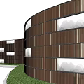 Modern Curved Wooden Slat Feature Wall With Windows And Mountain View Near Lawn