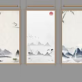 Chinese Landscape Paintings With Mountains Water Red Sun Flying Birds Plum Blossoms Bamboo Golden Frames