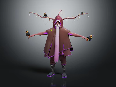 Mystical Cloaked Character With Branch Like Head Appendages And Small Bird Companion Creatures 3d model
