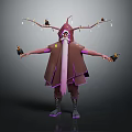 Mystical Cloaked Character With Branch Like Head Appendages And Small Bird Companion Creatures