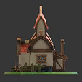 Cartoon House Scene With Red Tiled Roof Traditional Decorations Green Grass And Wooden Fence