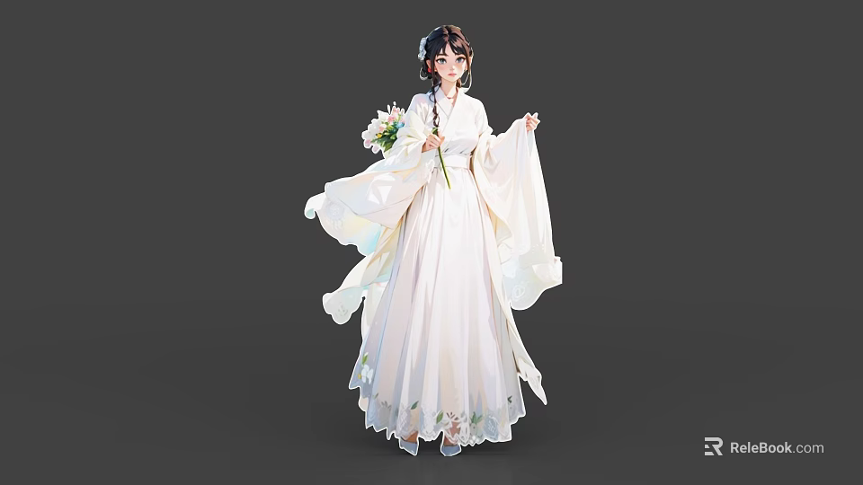 Elegant Woman In White Traditional Flowing Dress Holding Flower Bouquet With Braided Hair 3d model 