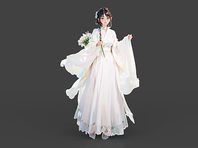 Elegant Woman In White Traditional Flowing Dress Holding Flower Bouquet With Braided Hair 3d model