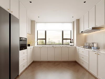 Bright Modern Sunlit Kitchen With White Cabinets And Full Set Of Home Appliances 3d model