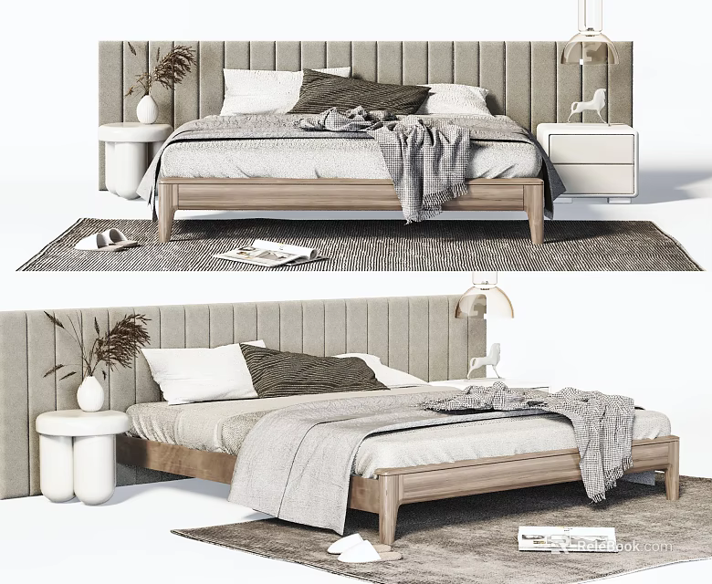 Elegant Modern Double Bed With Tufted Headboard Wooden Frame Pillows Blanket Nightstand And Rug 3d model 