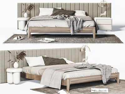 Elegant Modern Double Bed With Tufted Headboard Wooden Frame Pillows Blanket Nightstand And Rug 3d model