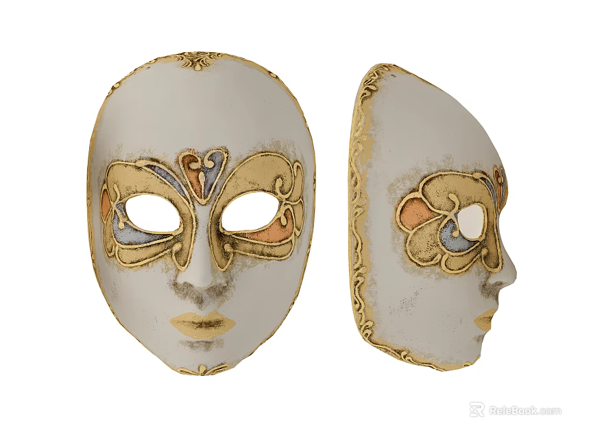 Venetian Masks With White Base Golden Decorations And Colorful Patterns Front Side Views 3d model 