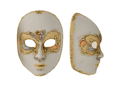 Venetian Masks With White Base Golden Decorations And Colorful Patterns Front Side Views 3d model