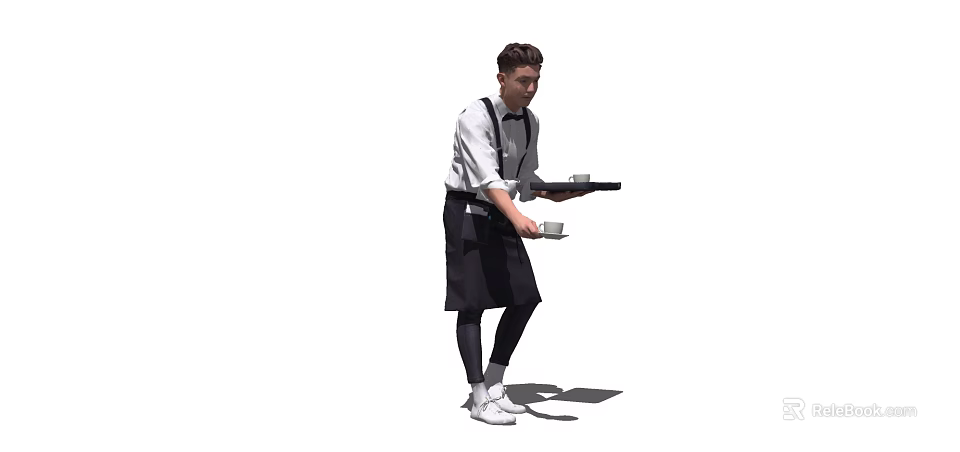 Man as waiter wearing white shirt black pants carrying tray with cups and plates 3d model 