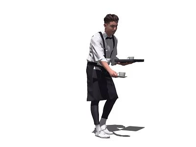 Man as waiter wearing white shirt black pants carrying tray with cups and plates 3d model