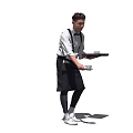 Man as waiter wearing white shirt black pants carrying tray with cups and plates