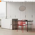 Modern Black Dining Table Set With Red Transparent Chairs Round Pendant Light And White Cabinets