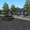 Traditional Square Landscape with Pavilion Covered Walkway Stone Pavement Trees and People Walking