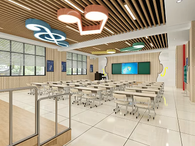 Modern School Classroom With Student Desks Large Windows Colorful Ceiling Lights And Digital Screen 3d model