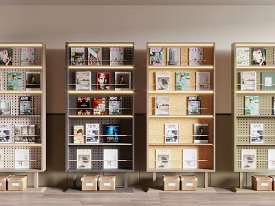 Stylish Multi Tiered Display Shelves With Open Compartments Holding Magazines Books And Storage Boxes 3d model