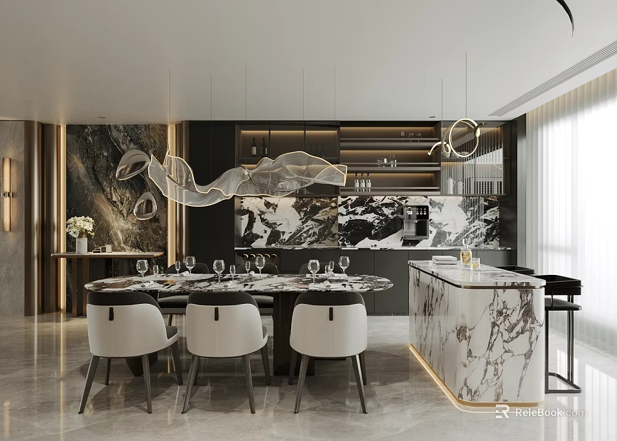 Elegant Modern Restaurant Interior With Open Layout Marble Dining Table Chandelier And Wine Cabinet 3d model 