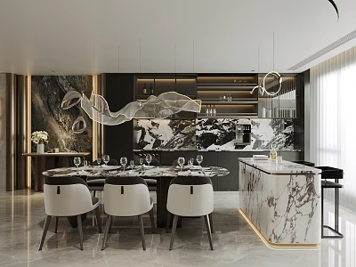 Elegant Modern Restaurant Interior With Open Layout Marble Dining Table Chandelier And Wine Cabinet 3d model