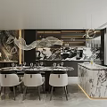 Elegant Modern Restaurant Interior With Open Layout Marble Dining Table Chandelier And Wine Cabinet