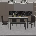 Modern Dining Table Set With Marble Top Black Chairs And Decorative Fruit Bowl