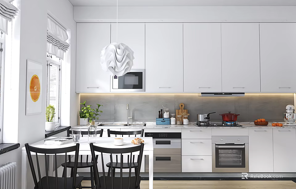 Modern White Kitchen Interior With White Cabinets Dining Table And Pendant Light 3d model