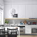 Modern White Kitchen Interior With White Cabinets Dining Table And Pendant Light 3d model