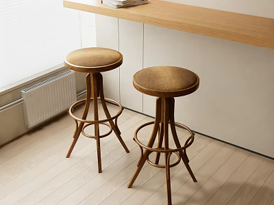 Two Wooden Bar Stools With Round Seats In Light Interior By Wooden Countertop 3d model