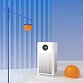 White Air Purifier With Digital Display In Modern Space With Blue Stripes And Orange Balls