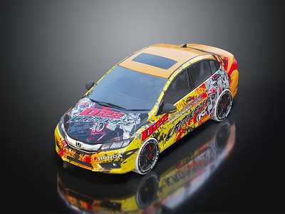 Yellow Custom Sedan With Vibrant Graffiti Artwork And Sporty Alloy Wheels 3d model