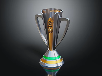 Shiny Silver Trophy Featuring Gold Emblem and Green Gold Ring Polished Base Design 3d model