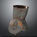 Squirrel Investigating Rusty Metal Can With Red Rust And Open Lid On Dark Background
