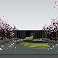 Modern Sales Office Architectural Design With Curved White Structure Glass Facade And Water Feature