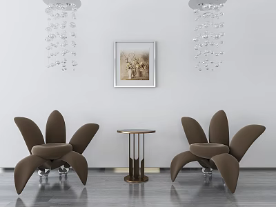 Leisure Sofa Set with Brown Chairs Small Round Table Framed Artwork and Crystal Chandelier 3d model
