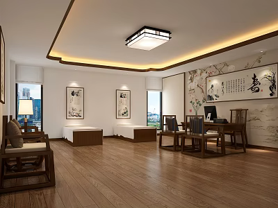 Chinese Style Interior With Wooden Floor Traditional Furniture And Calligraphy Paintings 3d model