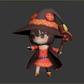 Cute Cartoon Female Character In Red Wizard Robe With Purple Hat Holding Red Staff