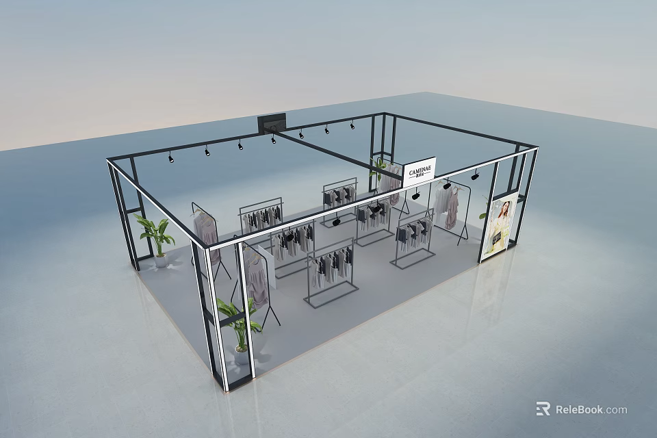 Modern Clothing Store Interior With Glass Frame Racks Hanging Clothes And Plant Decor 3d model 