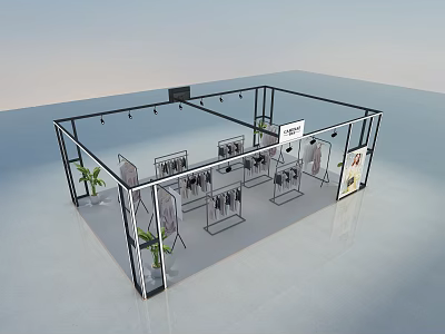 Modern Clothing Store Interior With Glass Frame Racks Hanging Clothes And Plant Decor 3d model